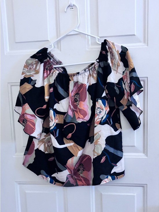 SHEIN Tops - SHEIN Black Floral Off-Shoulder Blouse Black with Pink & Cream Blooms